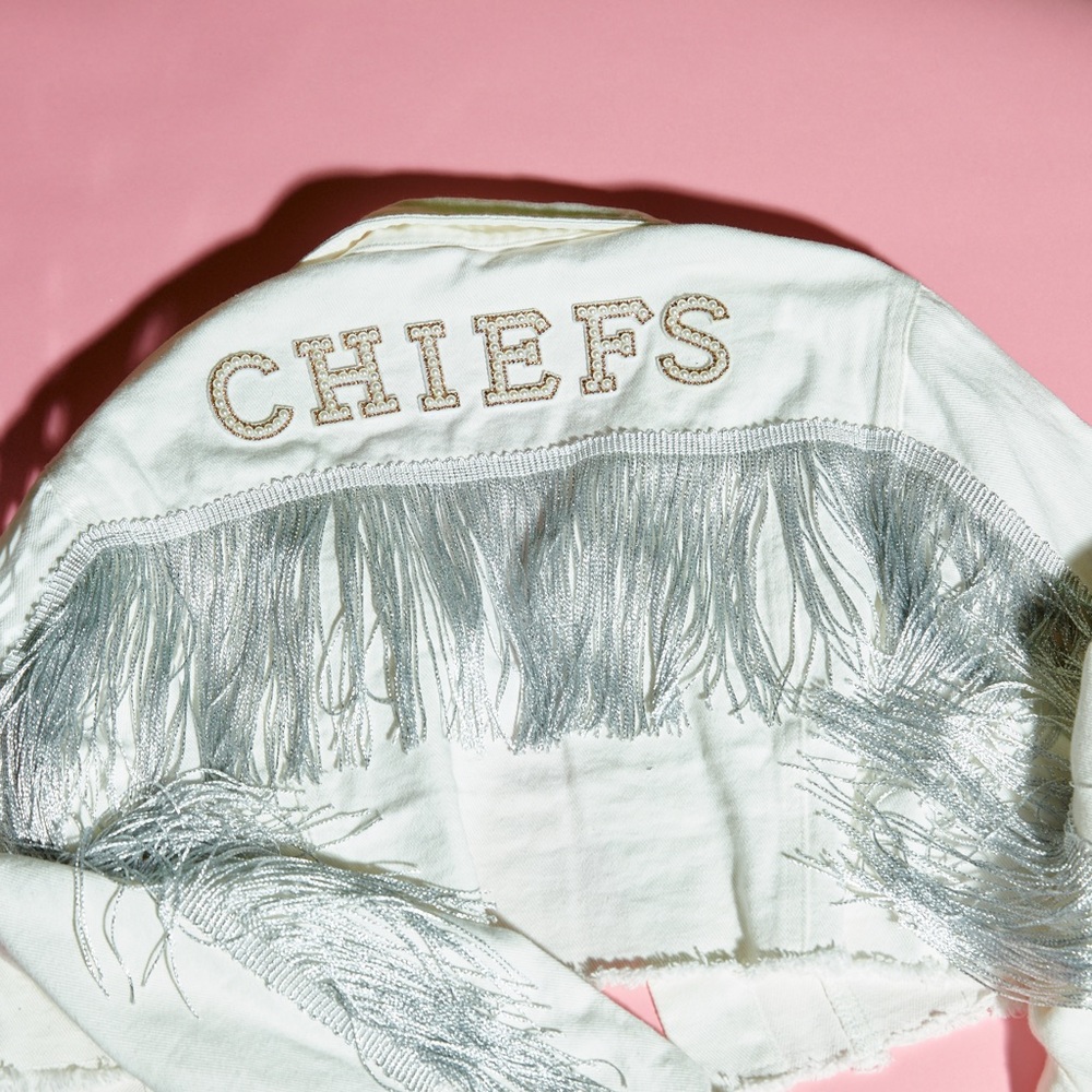 Kansas City Chiefs Custom Denim Fringe Jacket in White